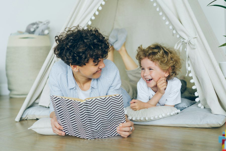 A child and adult reading together in a calm space